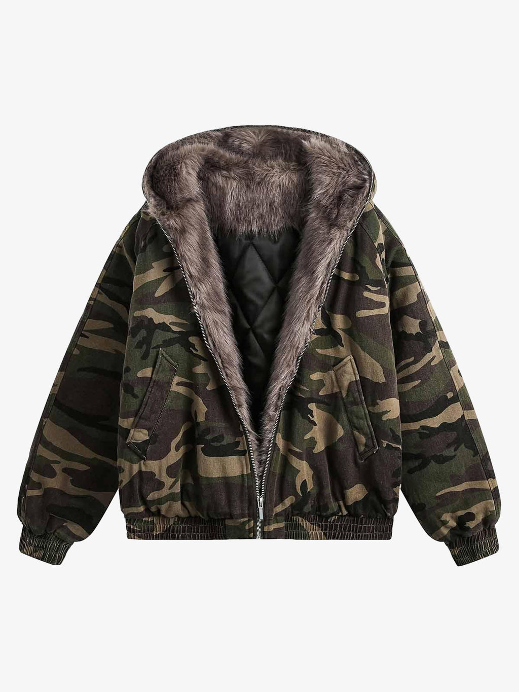 Luxantis™: Veste matelassée à capuche et col en fourrure camouflage