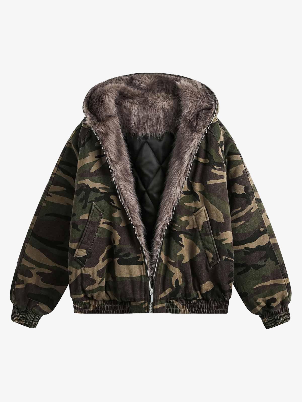 Luxantis™: Veste matelassée à capuche et col en fourrure camouflage